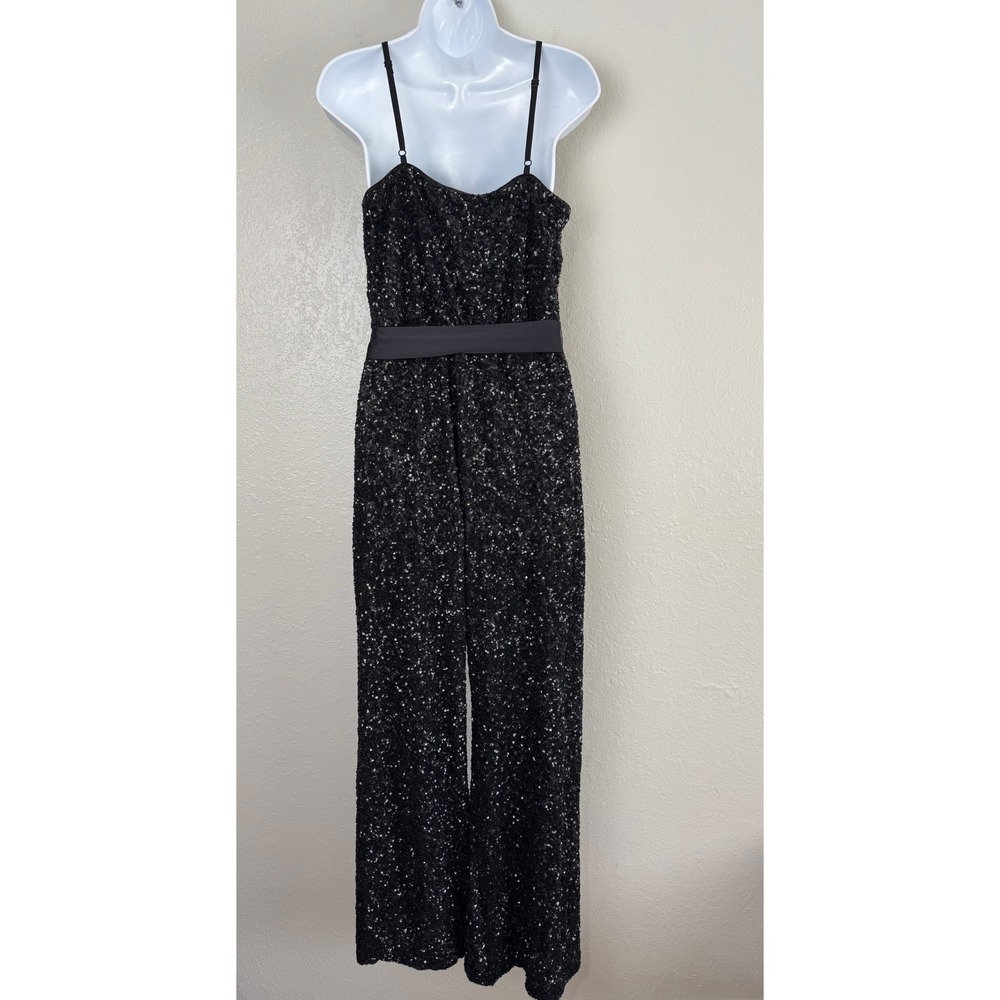 Express Black Sequin Jumpsuit Wide Leg Wrap V-Neck Sleeveless Party Event Small - Picture 7 of 11